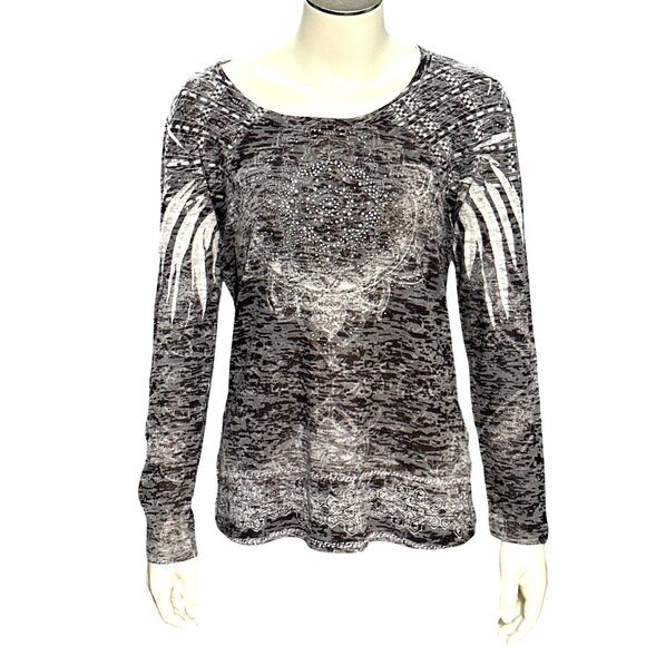 CCC Long Sleeve Embellished Top Rhinestones Abstract Aztec Eagle Feathers Medium - Picture 1 of 8